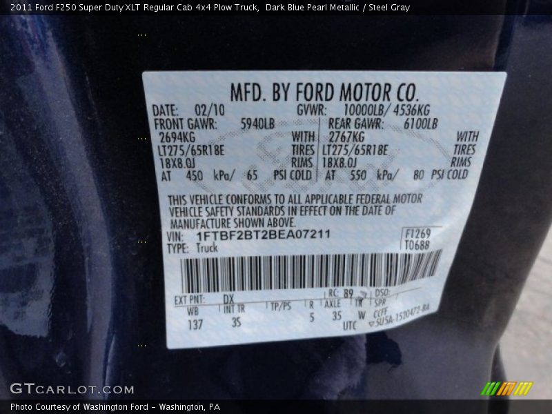 2011 F250 Super Duty XLT Regular Cab 4x4 Plow Truck Dark Blue Pearl Metallic Color Code DX