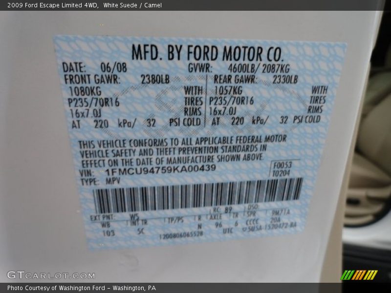 2009 Escape Limited 4WD White Suede Color Code WS