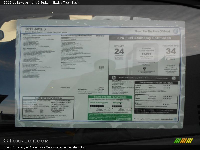  2012 Jetta S Sedan Window Sticker