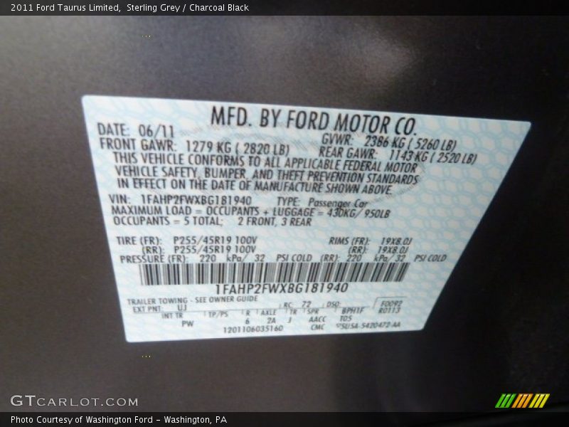 Sterling Grey / Charcoal Black 2011 Ford Taurus Limited
