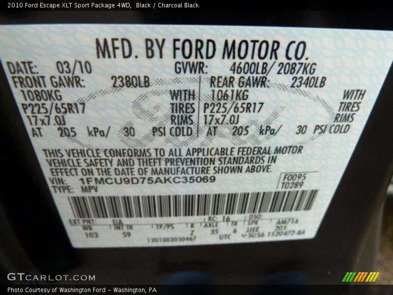 Black / Charcoal Black 2010 Ford Escape XLT Sport Package 4WD