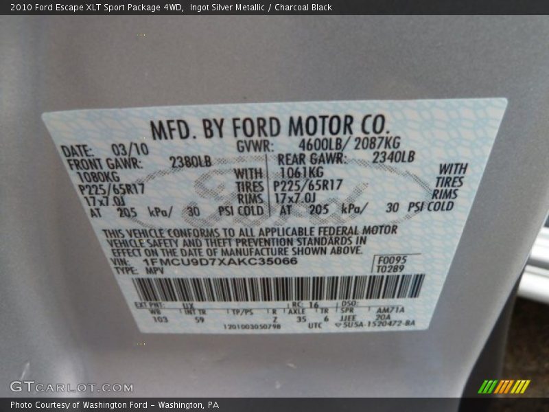 2010 Escape XLT Sport Package 4WD Ingot Silver Metallic Color Code UX