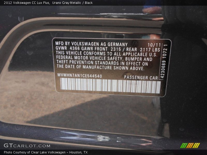 Urano Gray Metallic / Black 2012 Volkswagen CC Lux Plus
