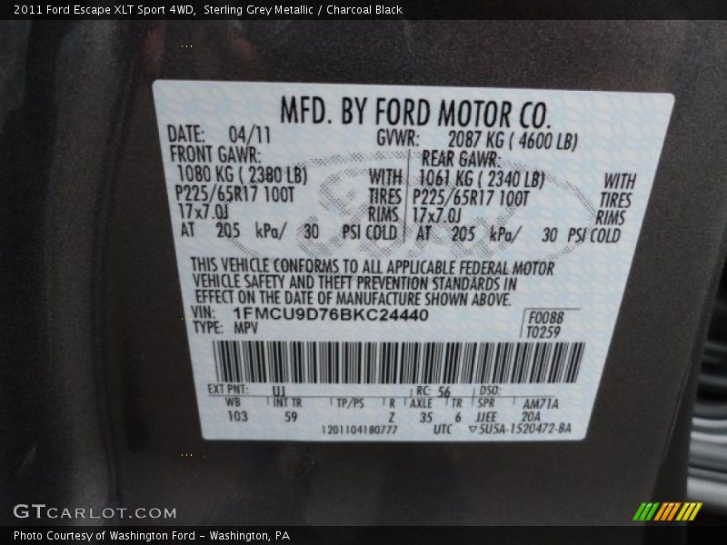 Sterling Grey Metallic / Charcoal Black 2011 Ford Escape XLT Sport 4WD