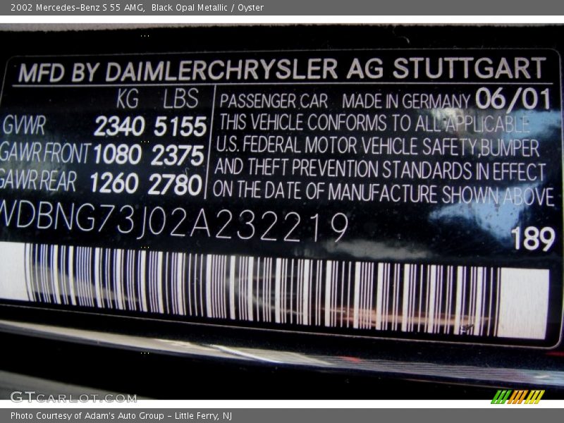 2002 S 55 AMG Black Opal Metallic Color Code 189