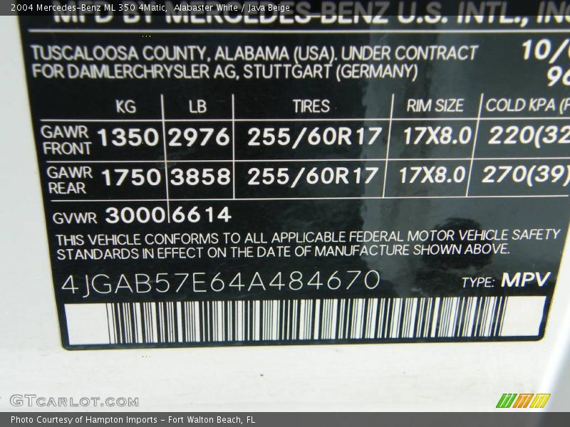 Alabaster White / Java Beige 2004 Mercedes-Benz ML 350 4Matic