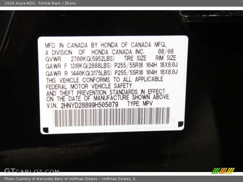 Formal Black / Ebony 2009 Acura MDX
