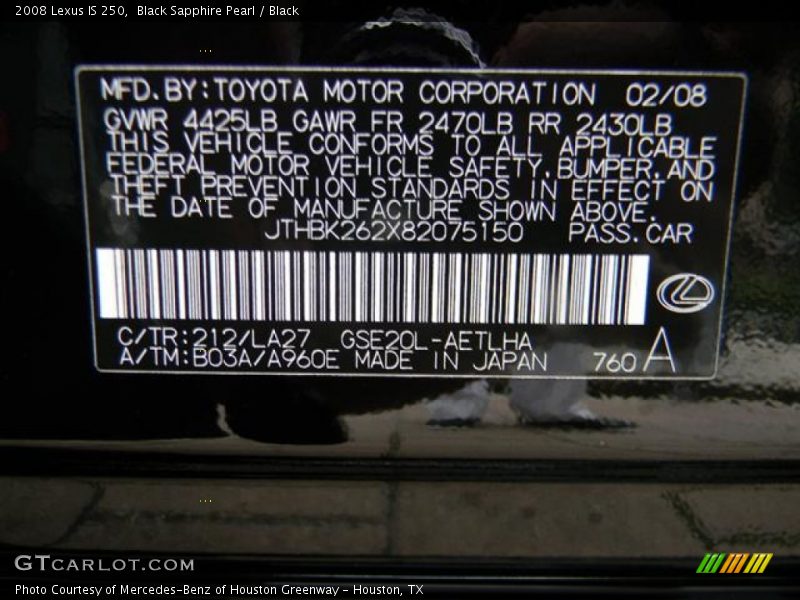 Black Sapphire Pearl / Black 2008 Lexus IS 250