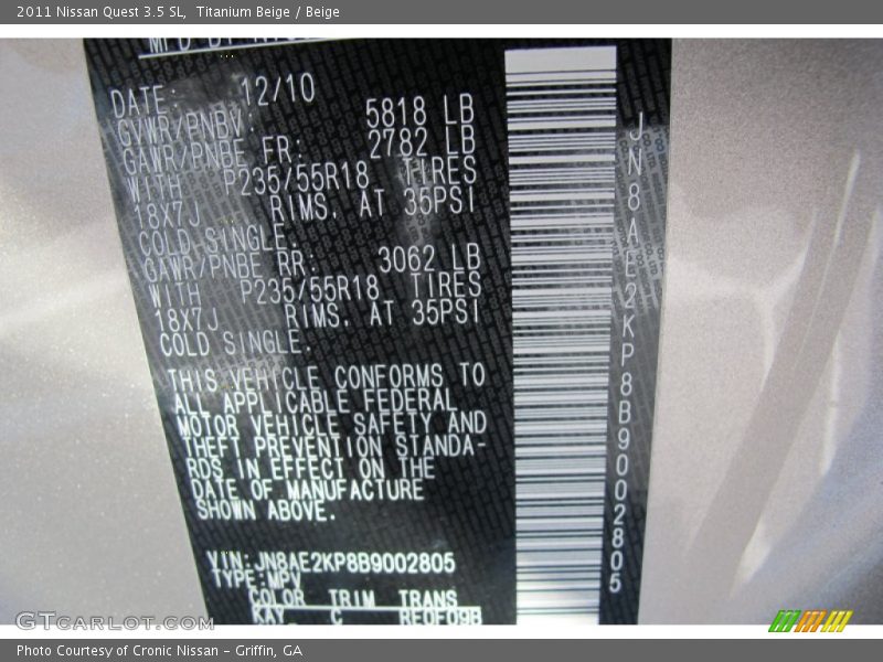 Titanium Beige / Beige 2011 Nissan Quest 3.5 SL