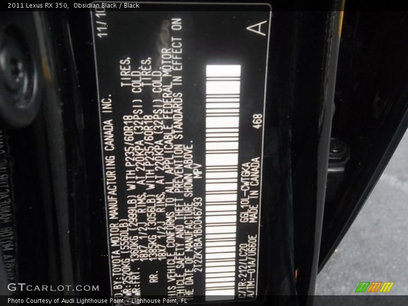 2011 RX 350 Obsidian Black Color Code 212