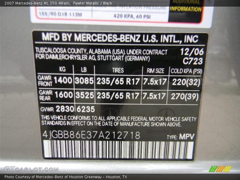 Pewter Metallic / Black 2007 Mercedes-Benz ML 350 4Matic