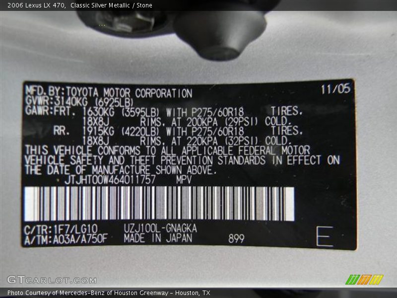 Classic Silver Metallic / Stone 2006 Lexus LX 470
