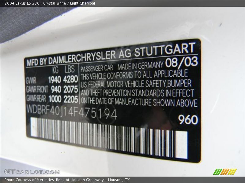 Crystal White / Light Charcoal 2004 Lexus ES 330