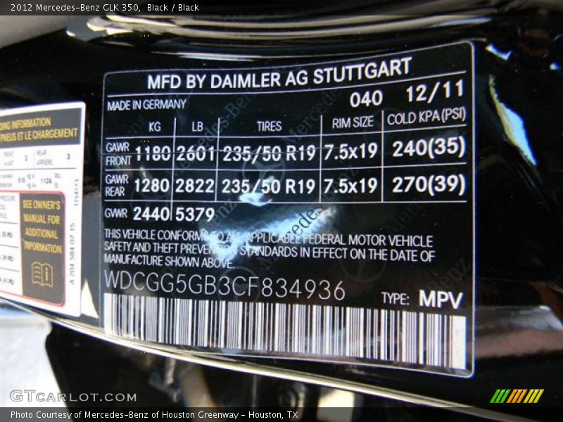 Black / Black 2012 Mercedes-Benz GLK 350