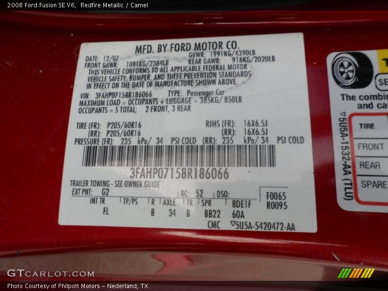 Redfire Metallic / Camel 2008 Ford Fusion SE V6