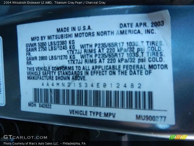 Titanium Gray Pearl / Charcoal Gray 2004 Mitsubishi Endeavor LS AWD