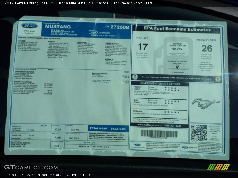  2012 Mustang Boss 302 Window Sticker