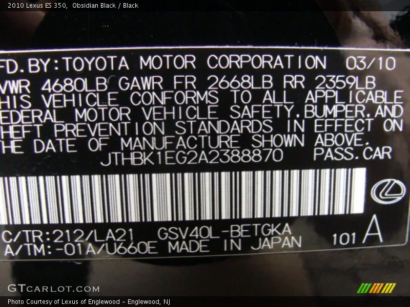 Obsidian Black / Black 2010 Lexus ES 350