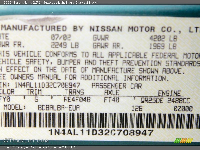 Seascape Light Blue / Charcoal Black 2002 Nissan Altima 2.5 S