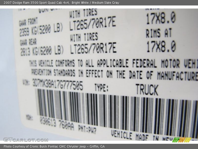 2007 Ram 3500 Sport Quad Cab 4x4 Bright White Color Code PW7