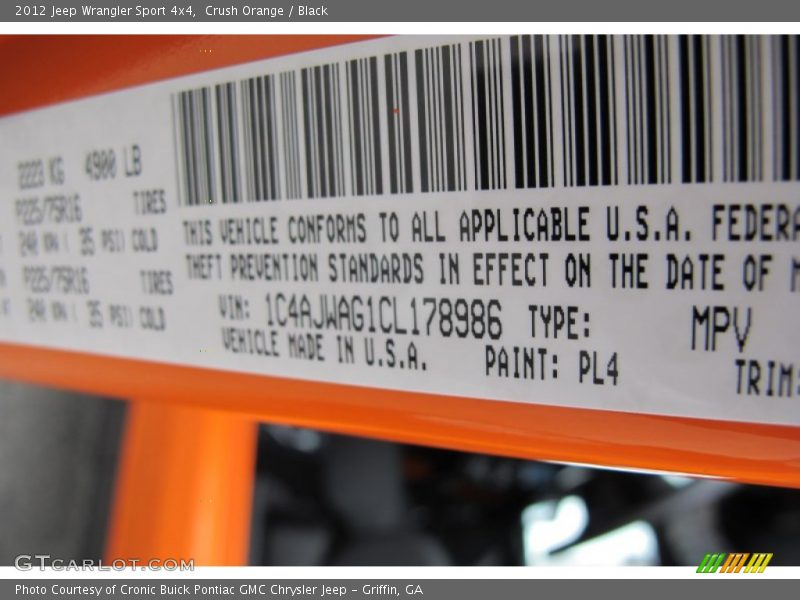 2012 Wrangler Sport 4x4 Crush Orange Color Code PL4
