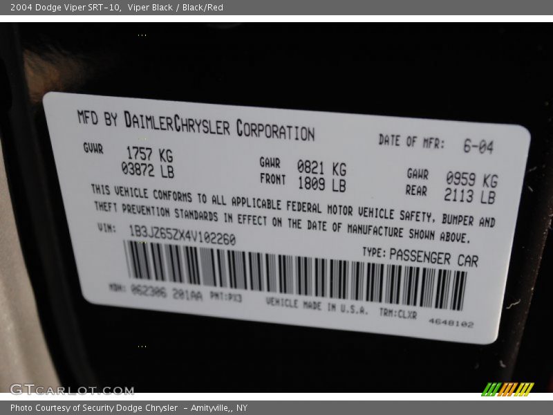 2004 Viper SRT-10 Viper Black Color Code PX3