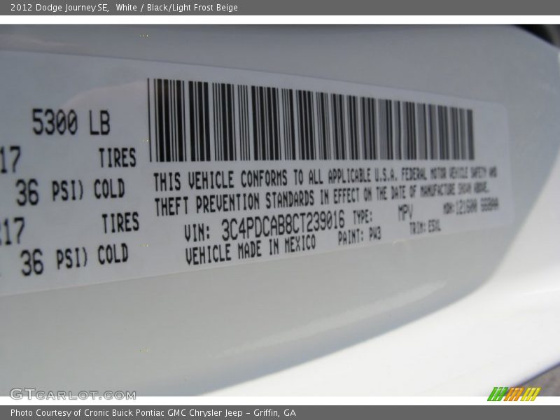 White / Black/Light Frost Beige 2012 Dodge Journey SE