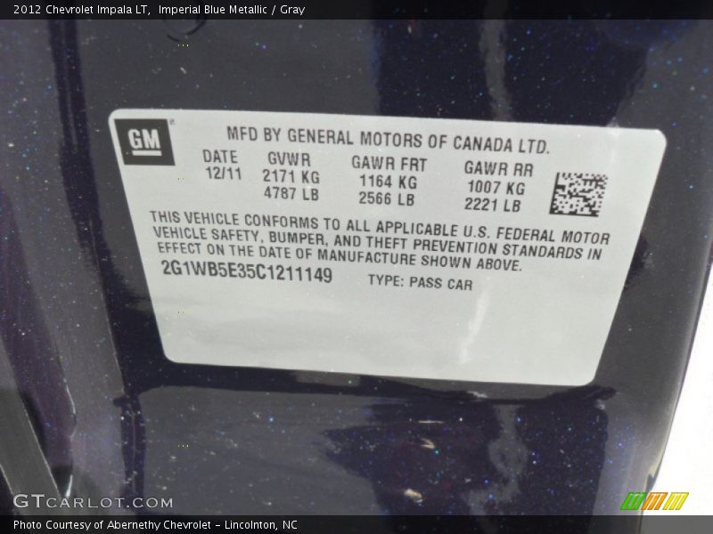 Imperial Blue Metallic / Gray 2012 Chevrolet Impala LT
