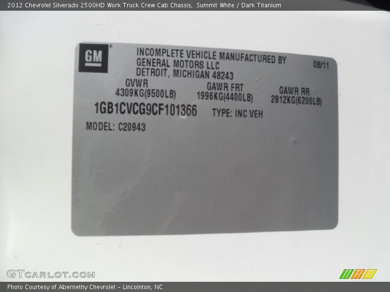 Summit White / Dark Titanium 2012 Chevrolet Silverado 2500HD Work Truck Crew Cab Chassis
