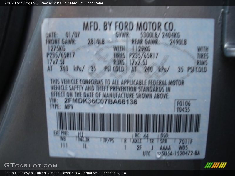 Pewter Metallic / Medium Light Stone 2007 Ford Edge SE