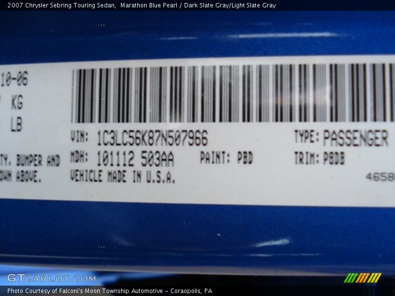 Marathon Blue Pearl / Dark Slate Gray/Light Slate Gray 2007 Chrysler Sebring Touring Sedan