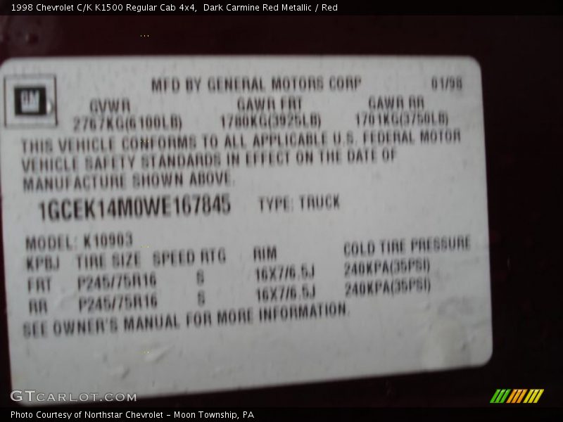 Dark Carmine Red Metallic / Red 1998 Chevrolet C/K K1500 Regular Cab 4x4