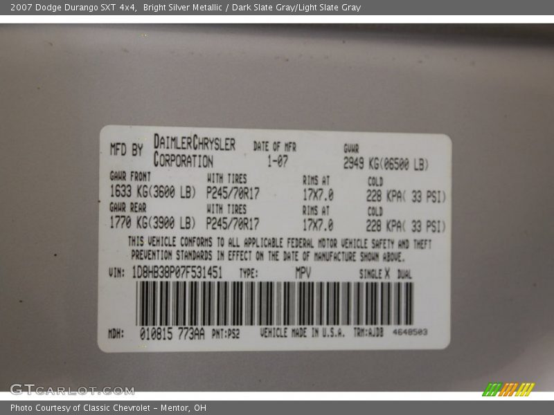 2007 Durango SXT 4x4 Bright Silver Metallic Color Code PS2