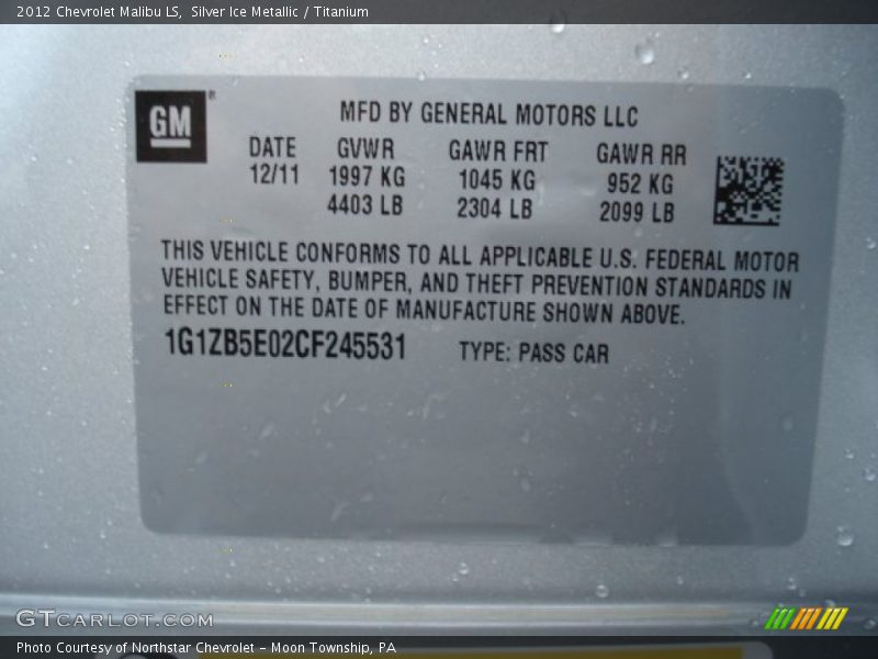 Silver Ice Metallic / Titanium 2012 Chevrolet Malibu LS