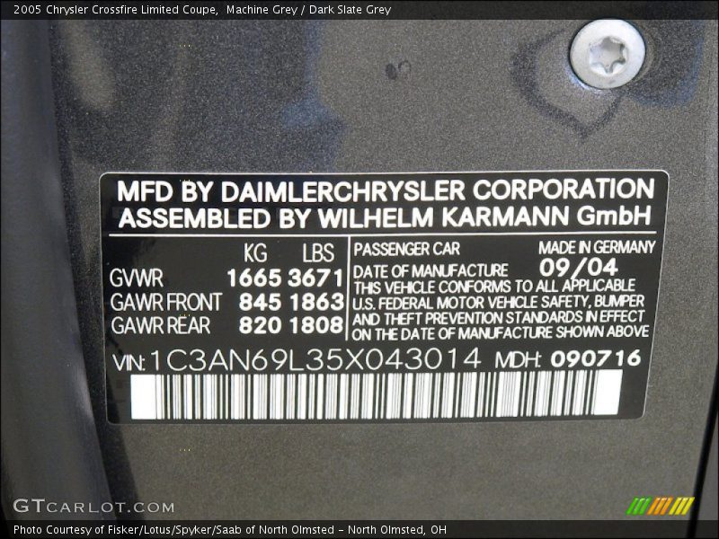 Info Tag of 2005 Crossfire Limited Coupe