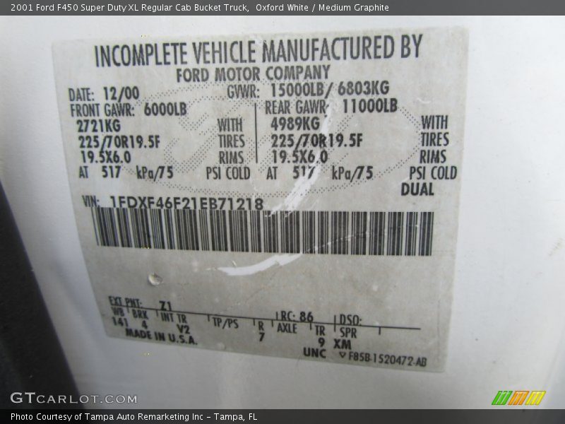 2001 F450 Super Duty XL Regular Cab Bucket Truck Oxford White Color Code Z1