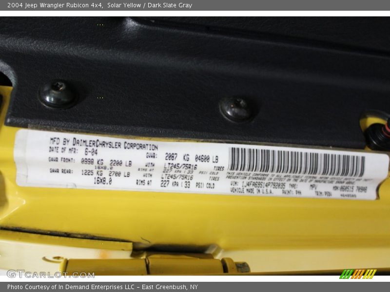 Solar Yellow / Dark Slate Gray 2004 Jeep Wrangler Rubicon 4x4
