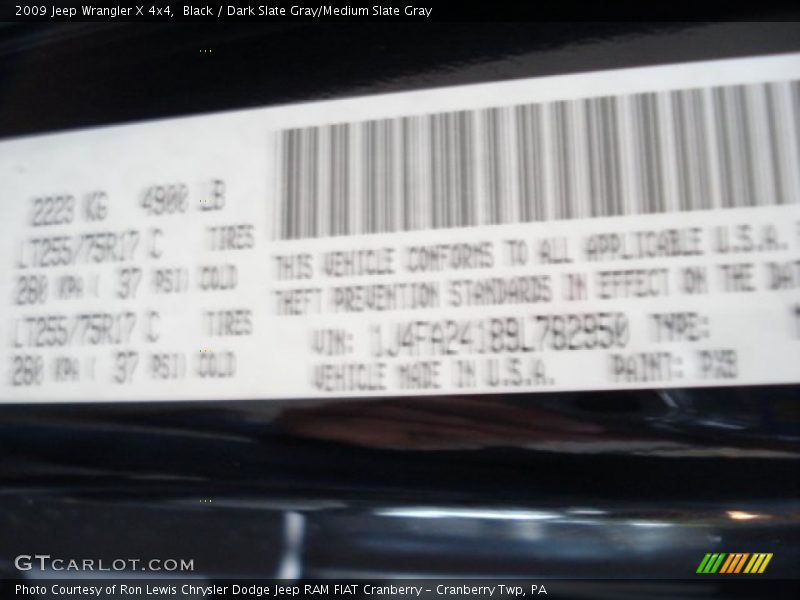 Black / Dark Slate Gray/Medium Slate Gray 2009 Jeep Wrangler X 4x4