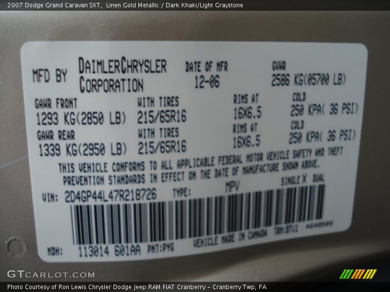 Linen Gold Metallic / Dark Khaki/Light Graystone 2007 Dodge Grand Caravan SXT