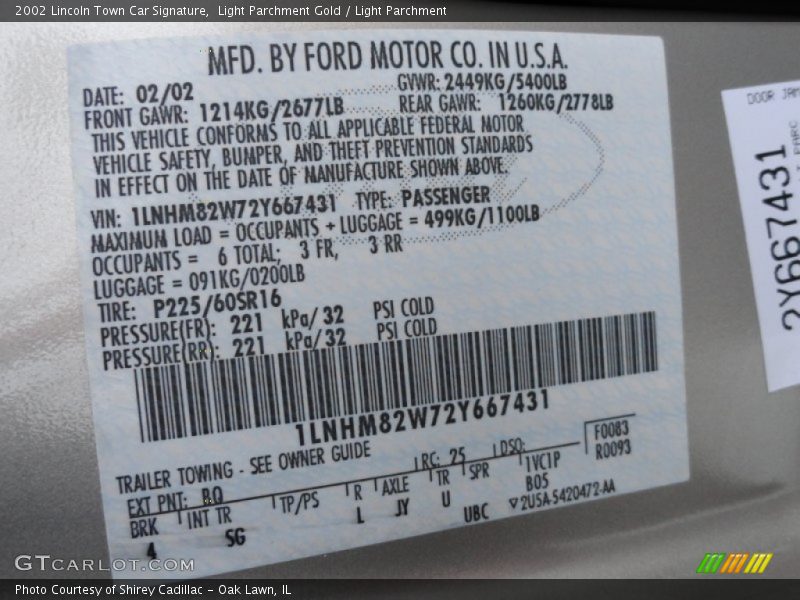 2002 Town Car Signature Light Parchment Gold Color Code BQ