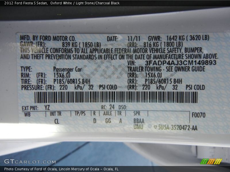 Oxford White / Light Stone/Charcoal Black 2012 Ford Fiesta S Sedan