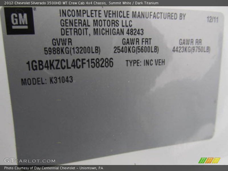 Summit White / Dark Titanium 2012 Chevrolet Silverado 3500HD WT Crew Cab 4x4 Chassis