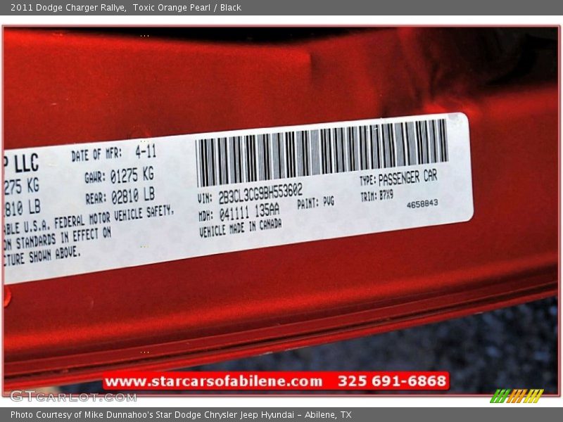 Toxic Orange Pearl / Black 2011 Dodge Charger Rallye