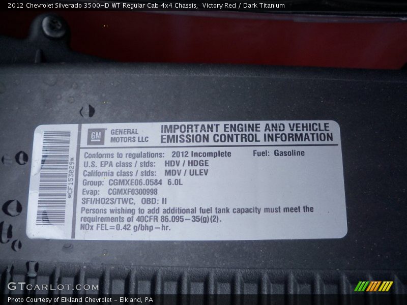 Info Tag of 2012 Silverado 3500HD WT Regular Cab 4x4 Chassis
