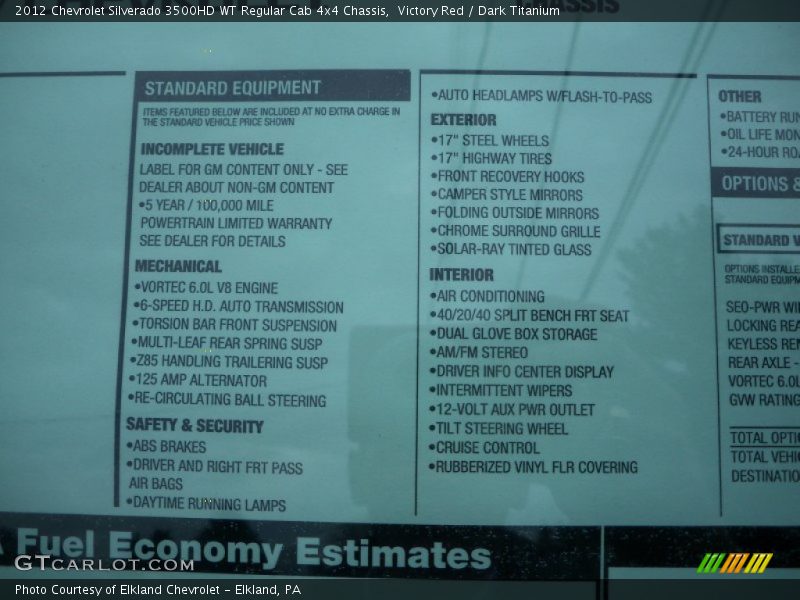  2012 Silverado 3500HD WT Regular Cab 4x4 Chassis Window Sticker