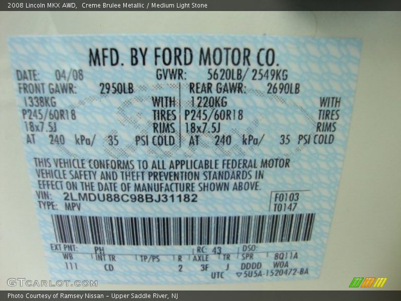 2008 MKX AWD Creme Brulee Metallic Color Code PH