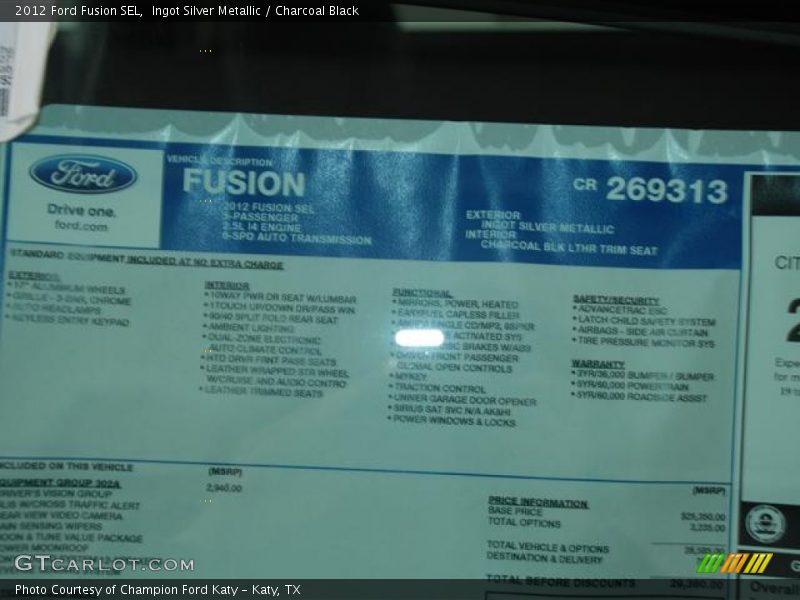Ingot Silver Metallic / Charcoal Black 2012 Ford Fusion SEL