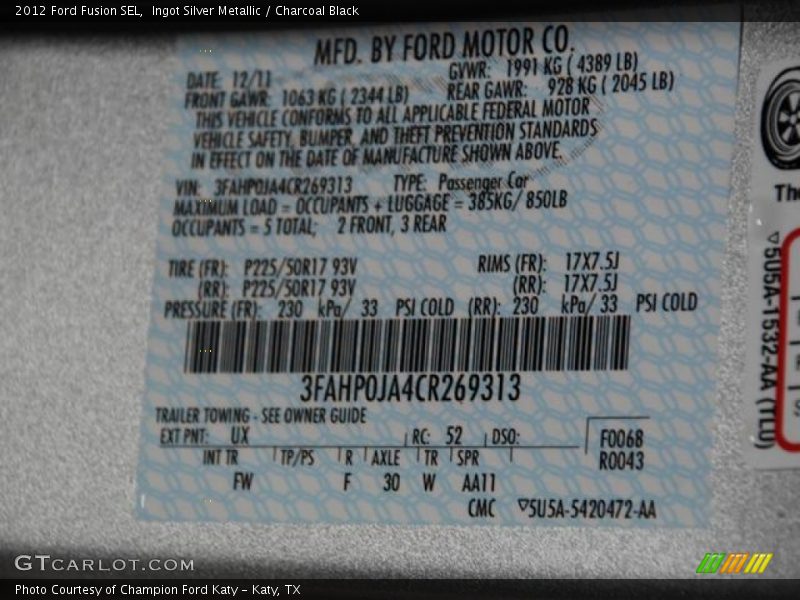 Ingot Silver Metallic / Charcoal Black 2012 Ford Fusion SEL