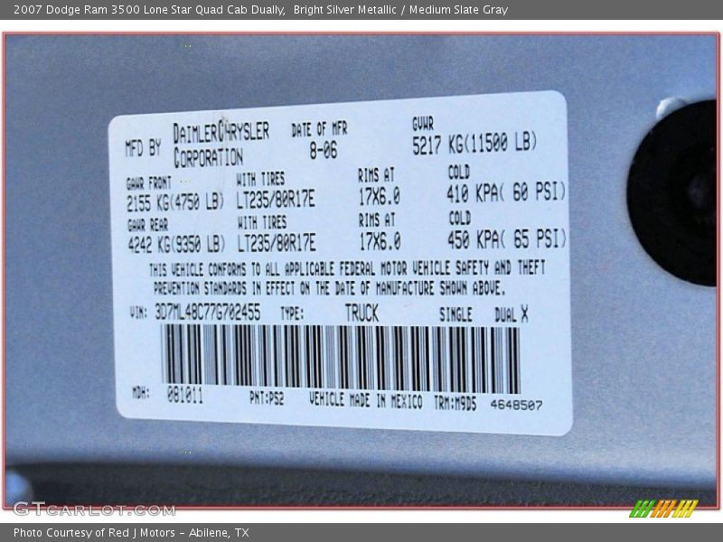 Bright Silver Metallic / Medium Slate Gray 2007 Dodge Ram 3500 Lone Star Quad Cab Dually
