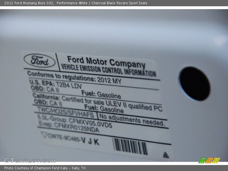 Emission Control information - 2012 Ford Mustang Boss 302